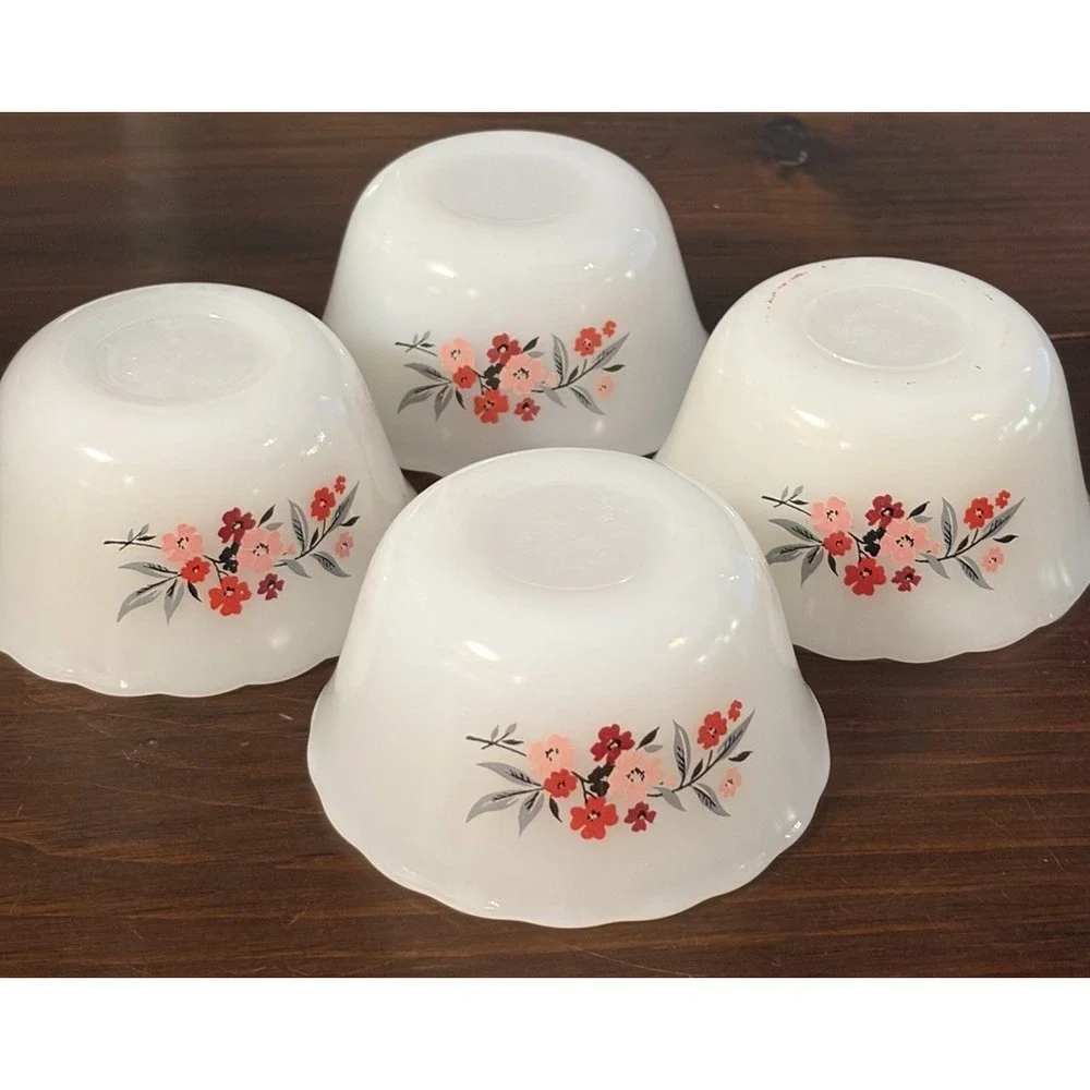 Vintage Fire King Primrose Custard Bowls Set of 4 Milk Glass Floral 1960s